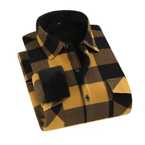 Men's yellow and black buffalo plaid flannel shirt with warm black fleece lining