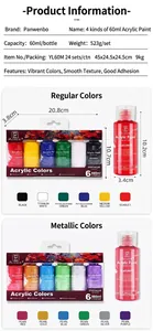 Spécifications détaillées du kit de peinture acrylique 60 ml avec échantillons de couleurs variées.