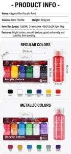 Spécifications détaillées du kit de peinture acrylique 60 ml avec échantillons de couleurs variées.