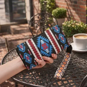 Bohemian Print Long Zipper Wallet For Women Large Capacity Geometric Tribal Pattern PU Leather Handbag With Wrist Strap