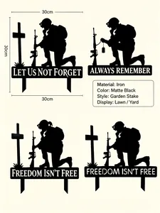 Memorial soldier garden stake set in matte black iron, 30cm metal lawn decoration.