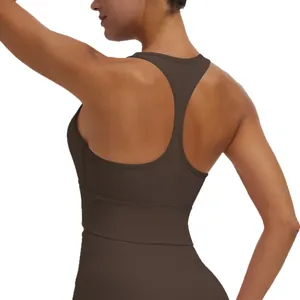 Sujetador deportivo marrón transpirable con espalda nadadora para yoga y fitness mujer