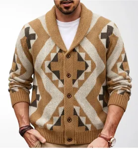 Detailed view of men's brown geometric jacquard knit cardigan with a classic shawl collar