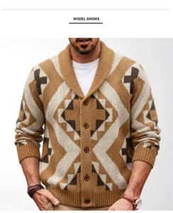 Front detail of men's brown geometric jacquard knit cardigan with vintage shawl collar