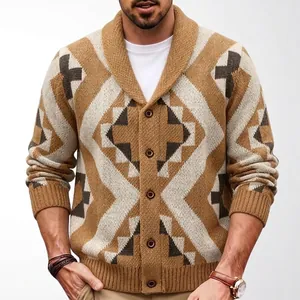 Men's Vintage Geometric Jacquard Knit Cardigan Shawl Collar Thick Polyester Long Sleeve Single-Breasted Sweater Top