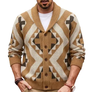 Men's retro brown geometric jacquard knit cardigan with a classic shawl collar