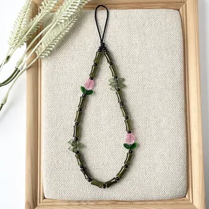 Cordón De Cadena Para Teléfono Hecho A Mano Cuentas De Bambú Acrílico Vidrio Flor Estilo Chino Vintage Amuleto