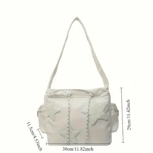 Detailed dimension view of the white corduroy tote bag featuring blue star patches and long strap