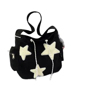 Cute black corduroy tote bag with star patterns and large capacity for students