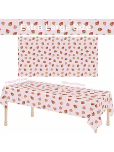Pink strawberry disposable tablecloth for birthday party decoration, 54x108 inches