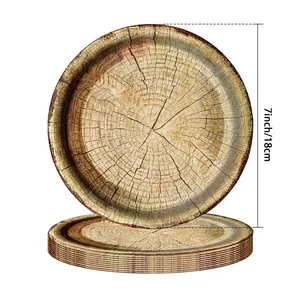 Assiette jetable avec texture de grain de bois vintage, diamètre de 7 pouces pour fête
