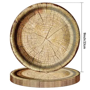 Vue détaillée d'assiettes jetables rétro grain de bois de 23 cm pour camping et soirées