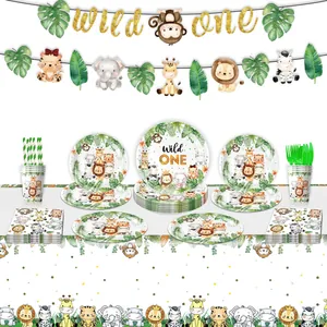 Jungle Wild Animal Theme Disposable Party Tableware Set Wild One 1st Birthday Paper Plates Cups Napkins For Kids Safari Party