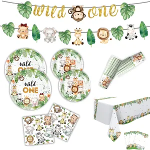 Jungle animal themed Wild One 1st birthday party supplies set with plates and cups.