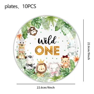 Detail of 9-inch Wild One jungle animal paper plate with dimensions and 10pcs count.
