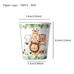 Detailed dimension guide for 9oz jungle animal disposable paper cups for parties.