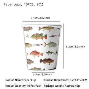 Detailansicht der Partypappbecher mit Fischmuster, 266 ml Fassungsvermögen und Maßen