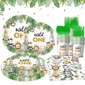 Wild One jungle animal theme party tableware set including paper plates cups and napkins