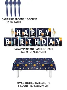 Detailed view of the space-themed party set including spoons, banner, and tablecloth.