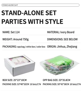 Product specifications and packaging dimensions for the 114-piece forest theme party tableware set