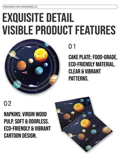 Close-up showing eco-friendly solar system galaxy space theme paper plates and napkins set