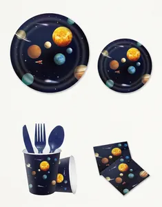 Detailed dimensions of solar system theme party plates, cups and paper napkins set