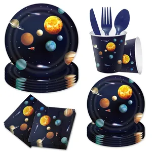 Space planet galaxy themed disposable party tableware set with paper plates and cups