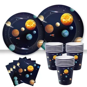 Space galaxy themed party supplies set featuring paper plates cups and napkins decor