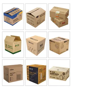 Assortment of custom printed corrugated cardboard packaging and shipping mailer boxes.