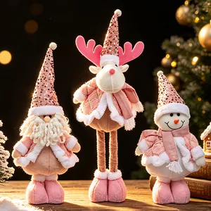 Christmas Plush Doll Telescopic Standing Toy Pink Sequin Santa Snowman Reindeer Holiday Window Decoration Knitted Fabric Ornament