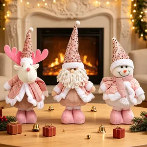 Set of three pink sequin Christmas plush dolls featuring Santa snowman and reindeer figures.