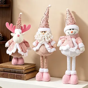Pink sequin Christmas plush dolls set including Santa and Snowman with telescopic legs.