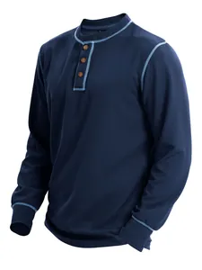 Detailed view of navy blue waffle knit henley shirt with contrast stitching details