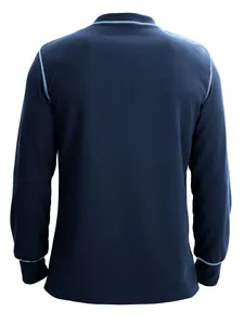 Back view of navy men's waffle knit long sleeve T-shirt with light blue contrast stitching.