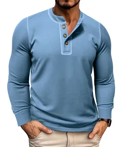 Men's light blue waffle knit Henley long sleeve shirt detail showing texture and fit