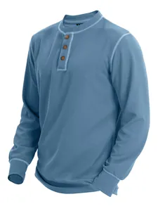 Professional detail view of men's blue long-sleeve waffle knit Henley shirt with buttons