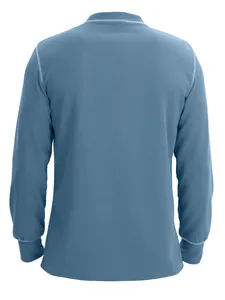 Rear view of men's blue waffle knit long sleeve T-shirt featuring ribbed cuffs and crew neck