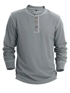 Detailed view of grey waffle knit Henley shirt with contrast stitching and buttons