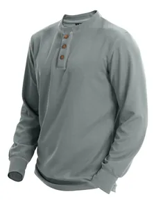 Close-up detail of grey waffle knit long sleeve Henley T-shirt for men slim fit