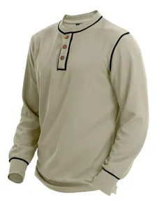 Slim fit waffle knit men's long sleeve Henley shirt with contrast black piping detail