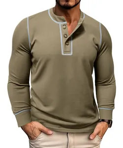 Close-up of waffle knit long-sleeved henley T-shirt for men in khaki with button detail.