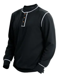 Close-up of a black waffle knit Henley shirt for men featuring contrast white trim detail