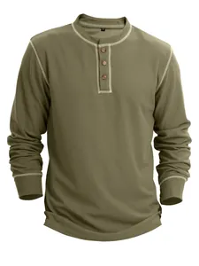 Men's olive green waffle knit Henley long sleeve shirt with contrast stitching details
