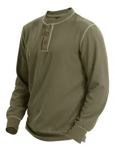 Detailed view of the olive green waffle knit texture and Henley button neckline