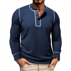 Men's dark blue waffle knit long sleeve Henley T-shirt with slim fit and contrast piping