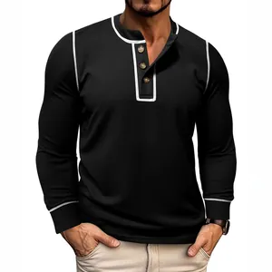 Men's slim fit waffle knit long sleeve Henley T-shirt with white contrast trim in black