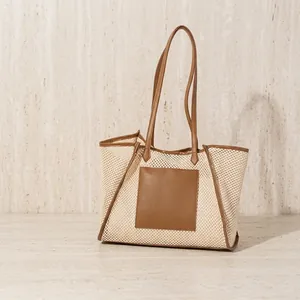 Sac Fourre-tout Tissé Paille Grande Capacité Avec Bordure Cuir PU Sac Épaule Plage Été Pour Femmes Couleur Contrastée