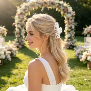Gros plan d'une pince à cheveux blanche Bride portée par une mariée dans un jardin de mariage