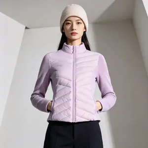 Detailed view of women's slim-fit purple lightweight down jacket with knitted sleeves