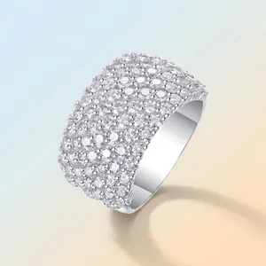 Luxurious S925 sterling silver wide band ring with multi-row sparkling moissanite stones